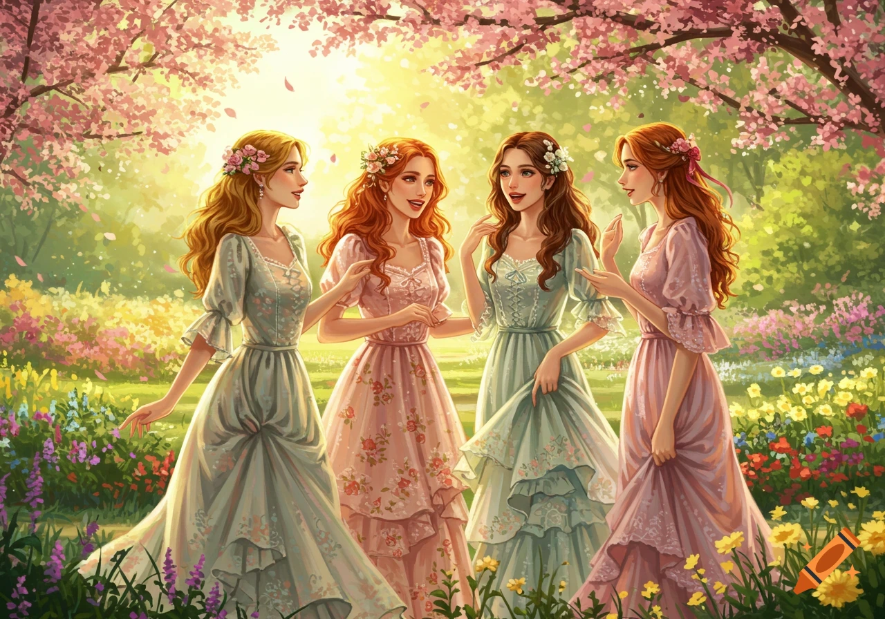 Four young women in elegant dresses stand in a vibrant spring garden with blooming trees and colorful flowers, in an illustrative style.