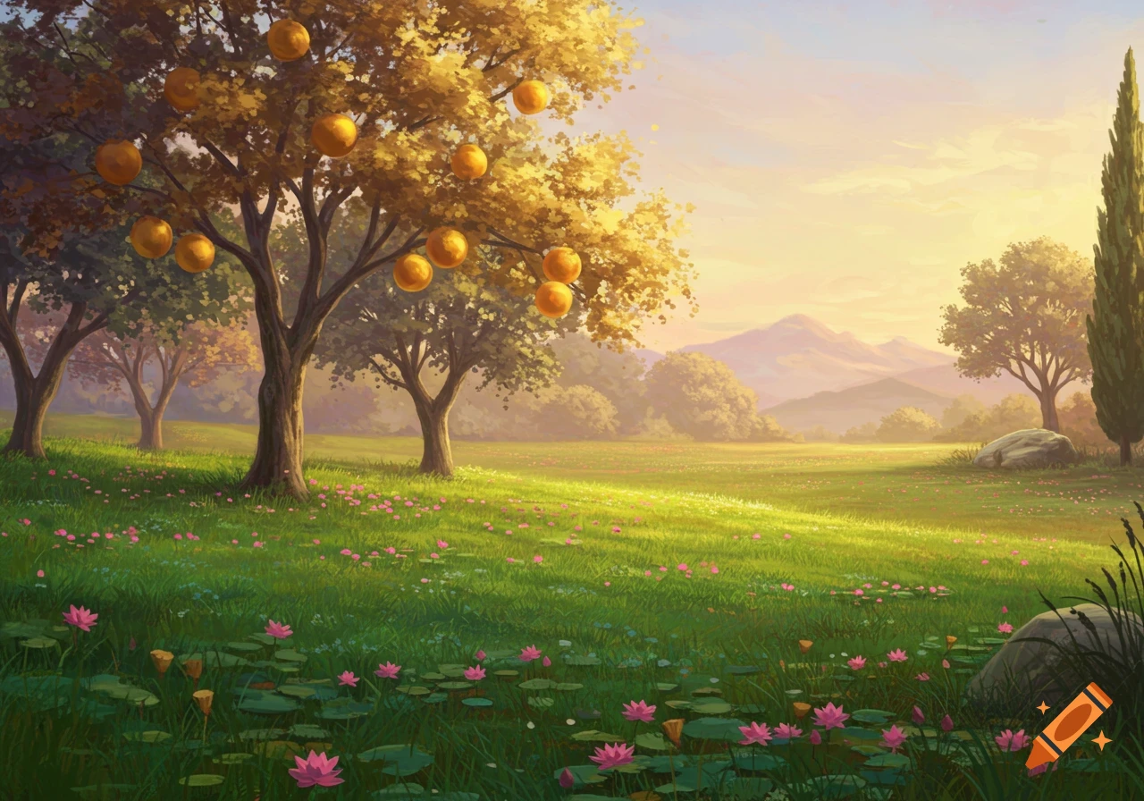 A dreamy landscape painting of a field with pink lotus flowers and golden-fruited trees under a pastel sky, with distant mountains.