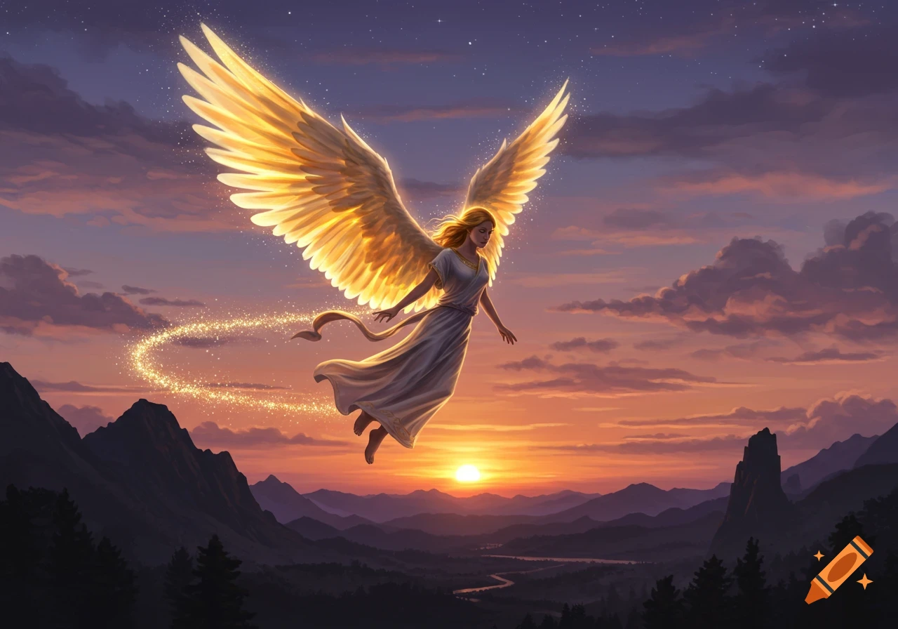 An angelic figure with large golden wings flies against a vibrant sunset sky over a mountain landscape, leaving a trail of sparkles.