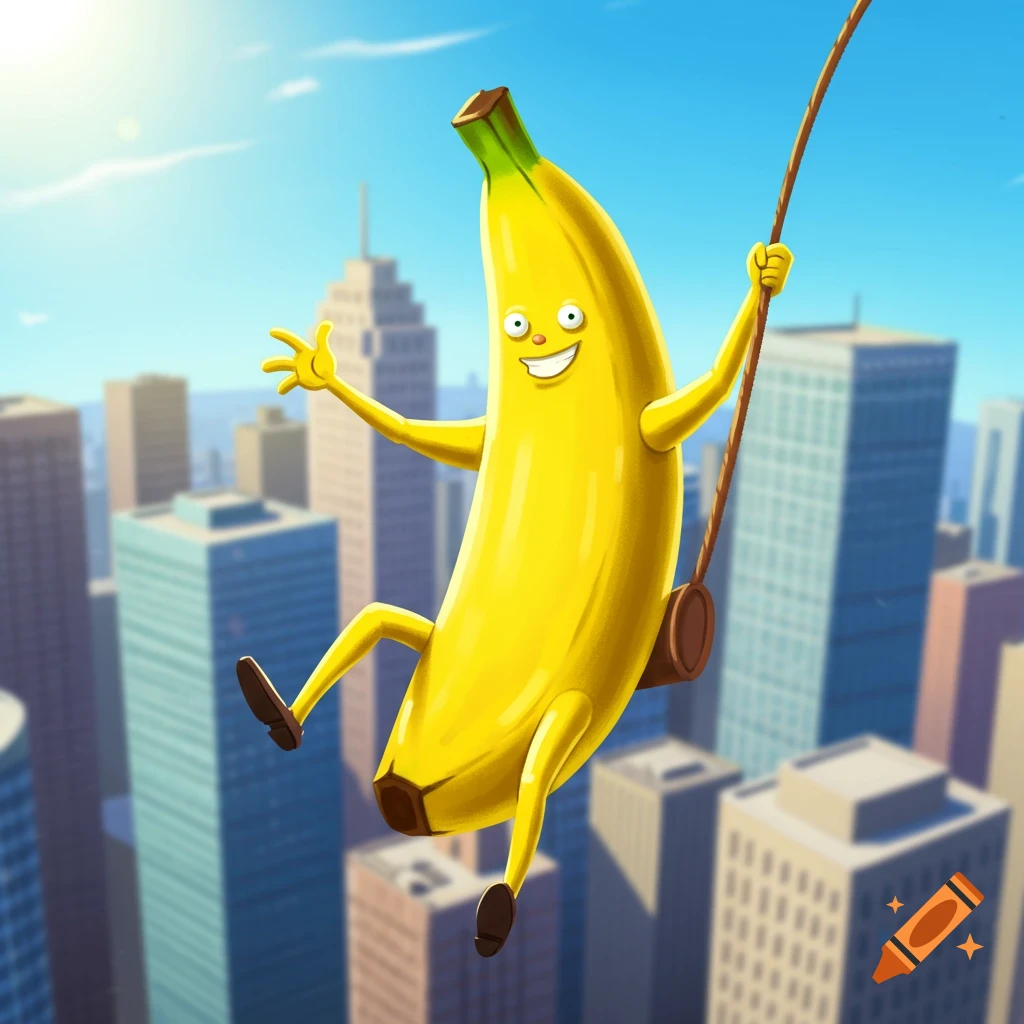 A smiling cartoon banana character swings on a rope high above a city skyline under a bright blue sky, in a vibrant illustration.