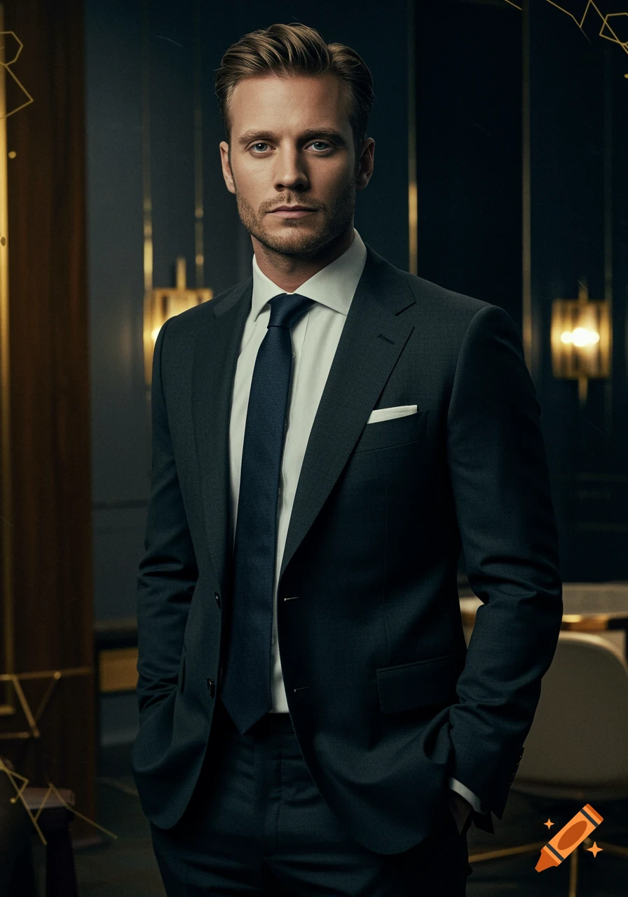 A photorealistic portrait of a well-dressed man in a dark suit and blue tie, standing in a sophisticated indoor setting.