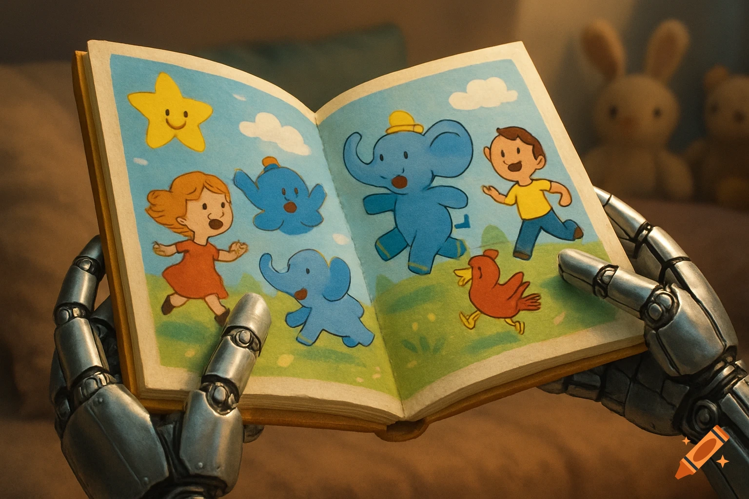Close-up of metallic robot hands holding an open children's book displaying colorful illustrations of cartoon kids and elephants in a grassy field.