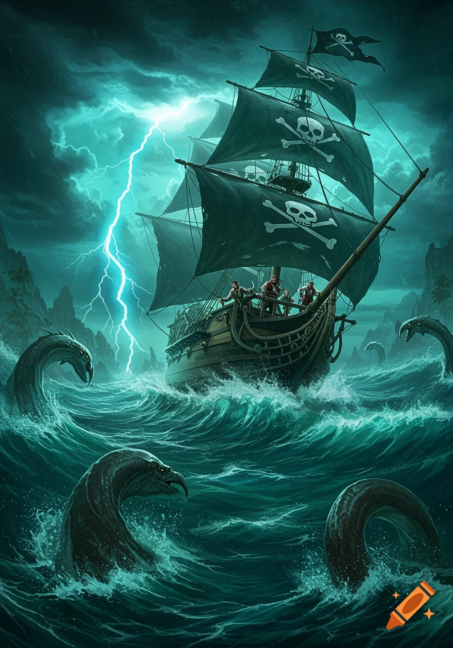 A pirate ship with skull and crossbones sails through a stormy teal sea, battling large sea serpents under a lightning-filled sky.