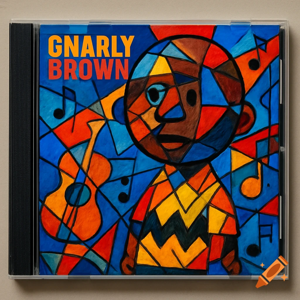 A vibrant Picasso-style CD cover titled 'GNARLY BROWN', featuring a geometric character resembling Charlie Brown, a guitar, and music notes.