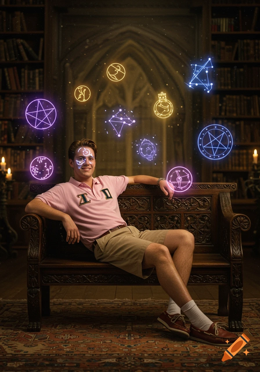 A young man in a pink polo shirt and khakis sits on an ornate wooden bench in a dimly lit library, surrounded by glowing mystical symbols.