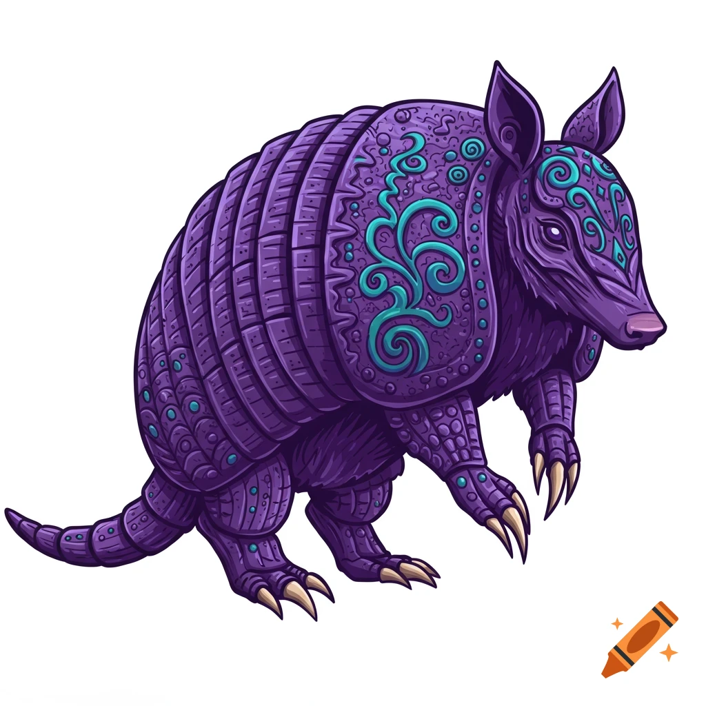 An illustrated psychedelic purple and turquoise armadillo with intricate patterns on its shell and face, on a white background.