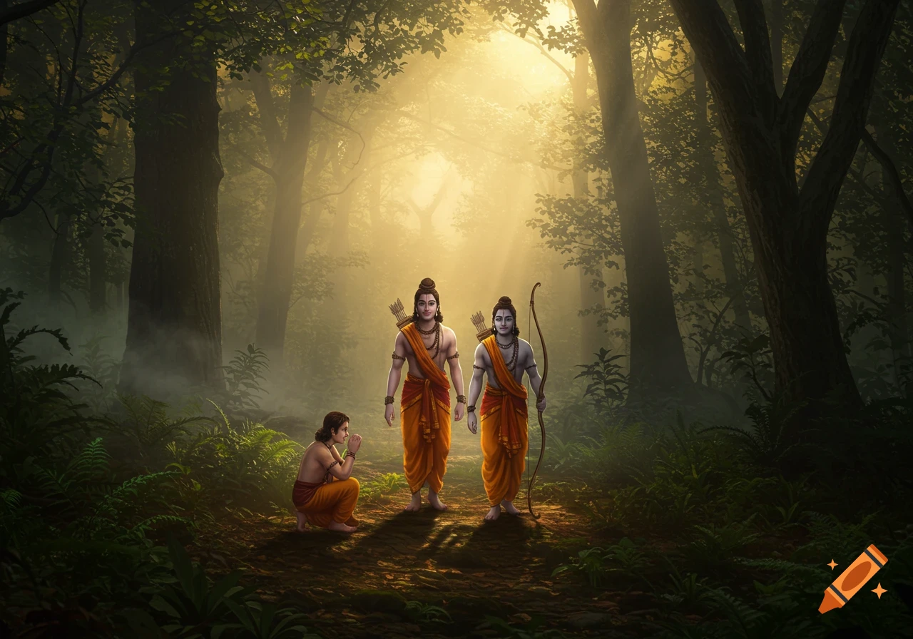 Ram and Lakshmana, holding bows, walk through a sunlit forest as a man kneels before them, illustration.