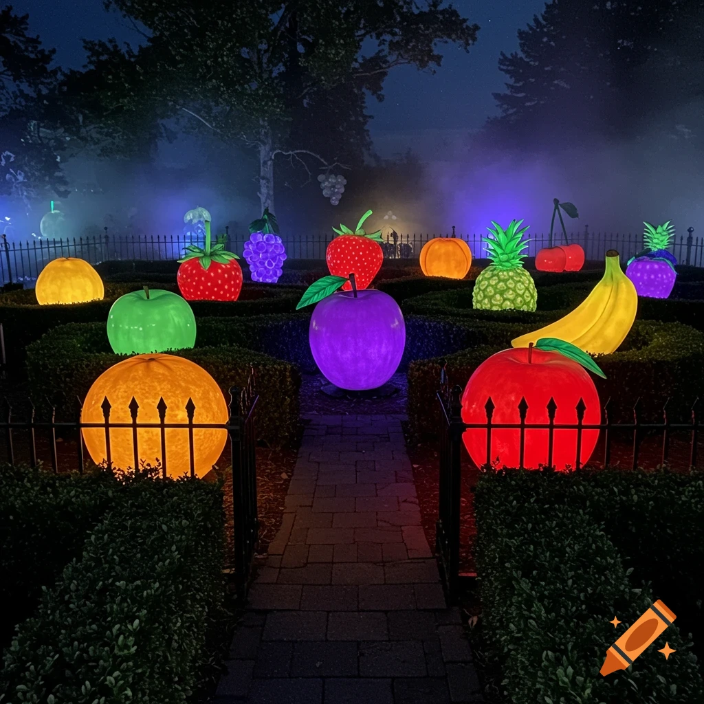 Vibrantly glowing fruit sculptures of various types illuminate a dark garden maze at night.