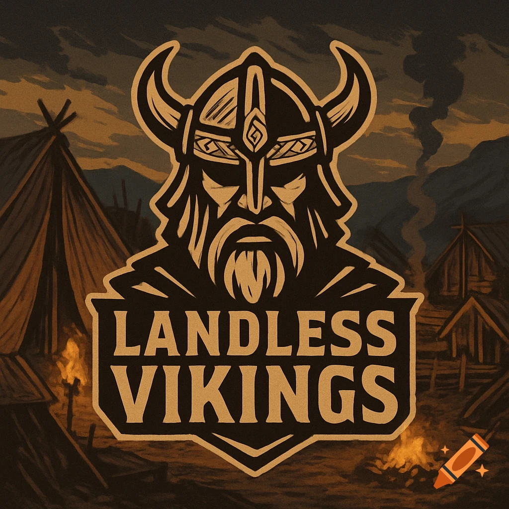 A stylized logo featuring a Viking warrior's head above 'LANDLESS VIKINGS' text, set against a raiding camp background.