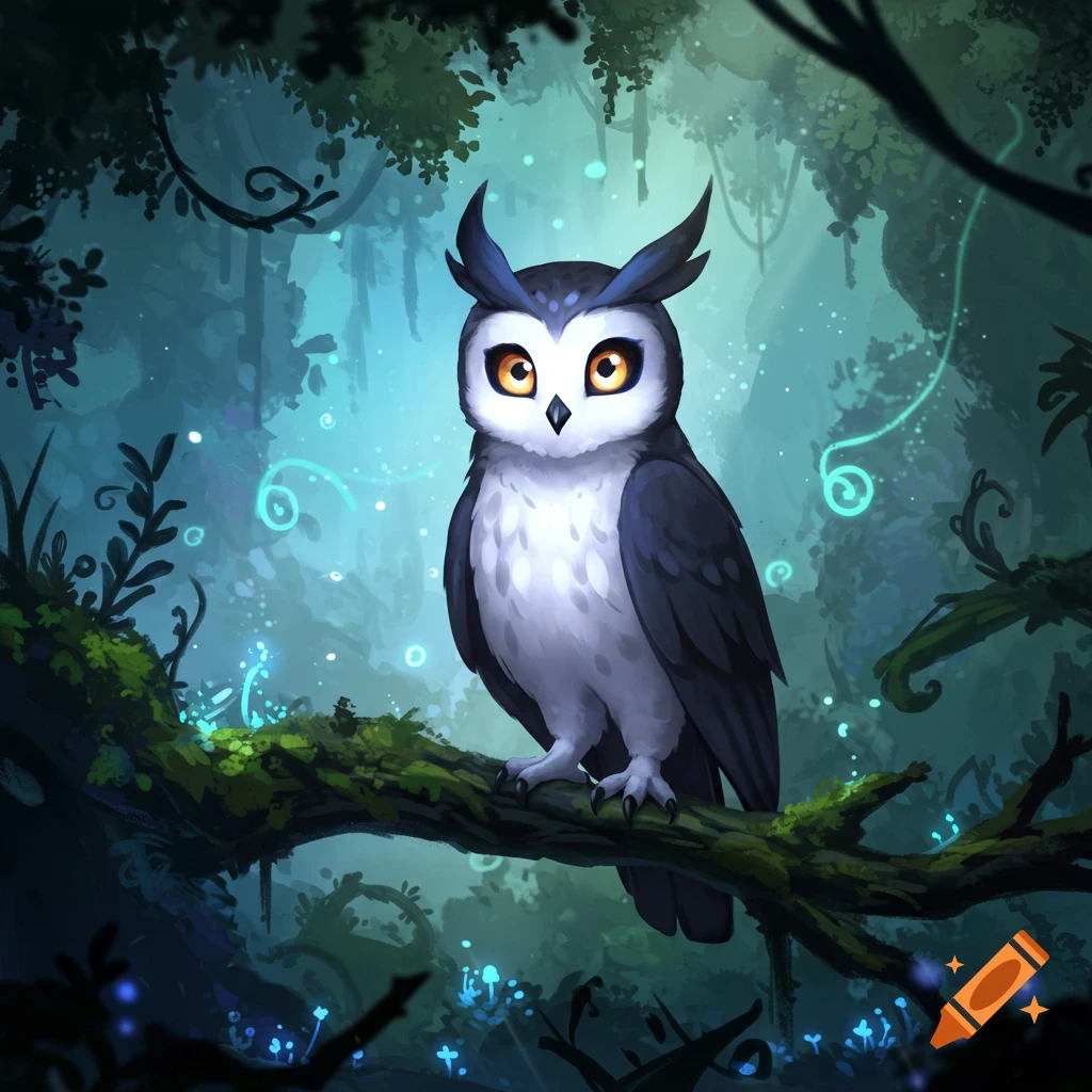 A stylized owl with a white face and orange eyes perched on a mossy branch in a mystical, glowing blue forest.
