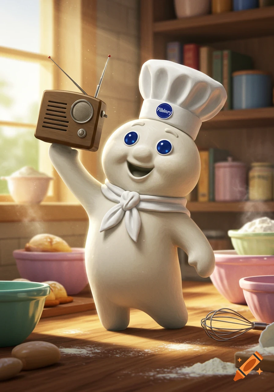 The Pillsbury Doughboy stands in a sunny kitchen, smiling and holding a vintage radio above his head.