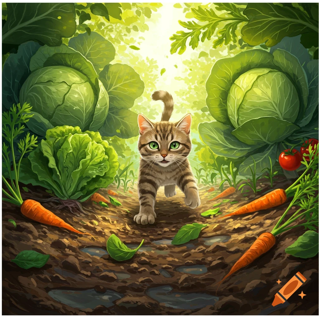 A cute, green-eyed tabby cat prances through a vibrant garden with large cabbages, lettuce, and carrots, in an illustrative style.