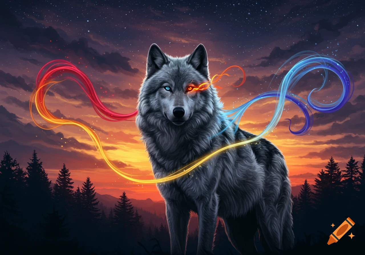 A majestic grey wolf with glowing eyes and magical energy against a sunset and starry sky.