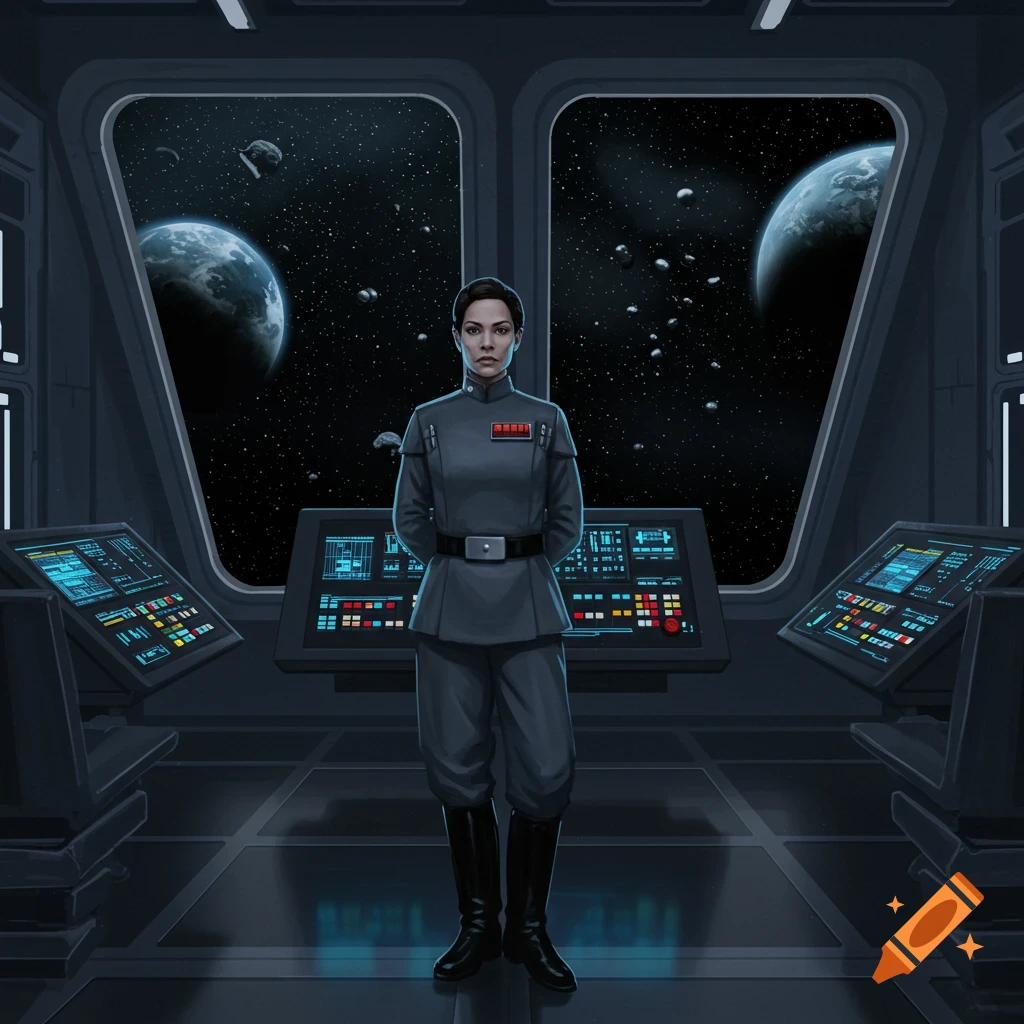 An imperial officer woman stands in a spaceship cockpit looking at the viewer, with planets and asteroids visible outside.