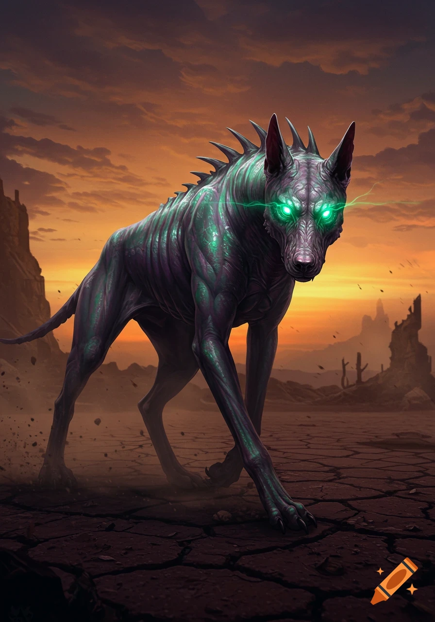 A lean, purple and green mutant dog with glowing green eyes and spikes on its back stands on cracked desert ground under an orange sky.