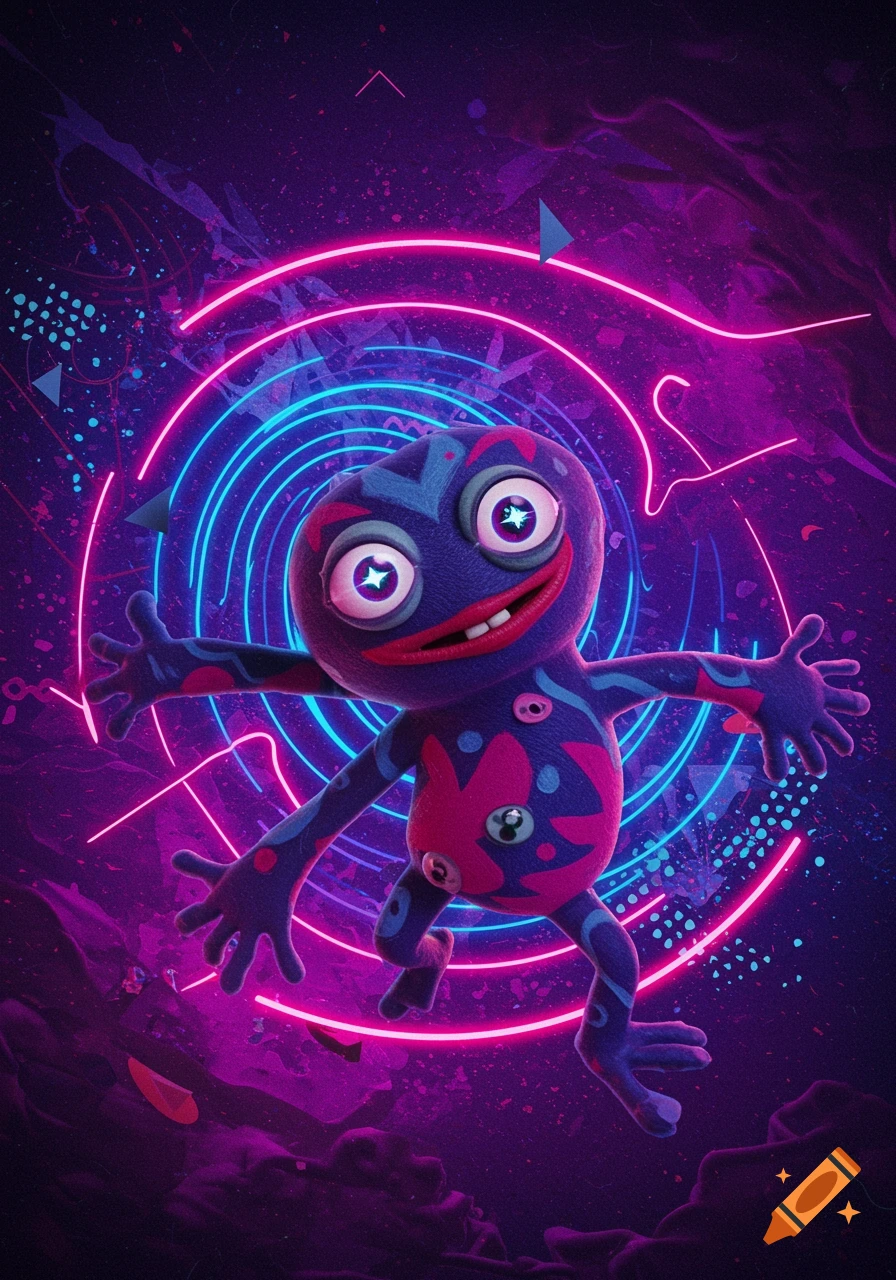 A vibrant, stylized purple and pink frog-like creature with large, starry eyes, centered amidst glowing blue and pink neon rings and abstract shapes on a dark, textured background.