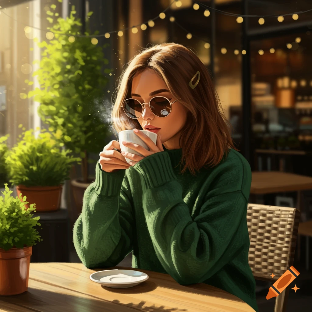 A young woman in a green sweater and sunglasses sips coffee at an outdoor cafe on a sunny day.