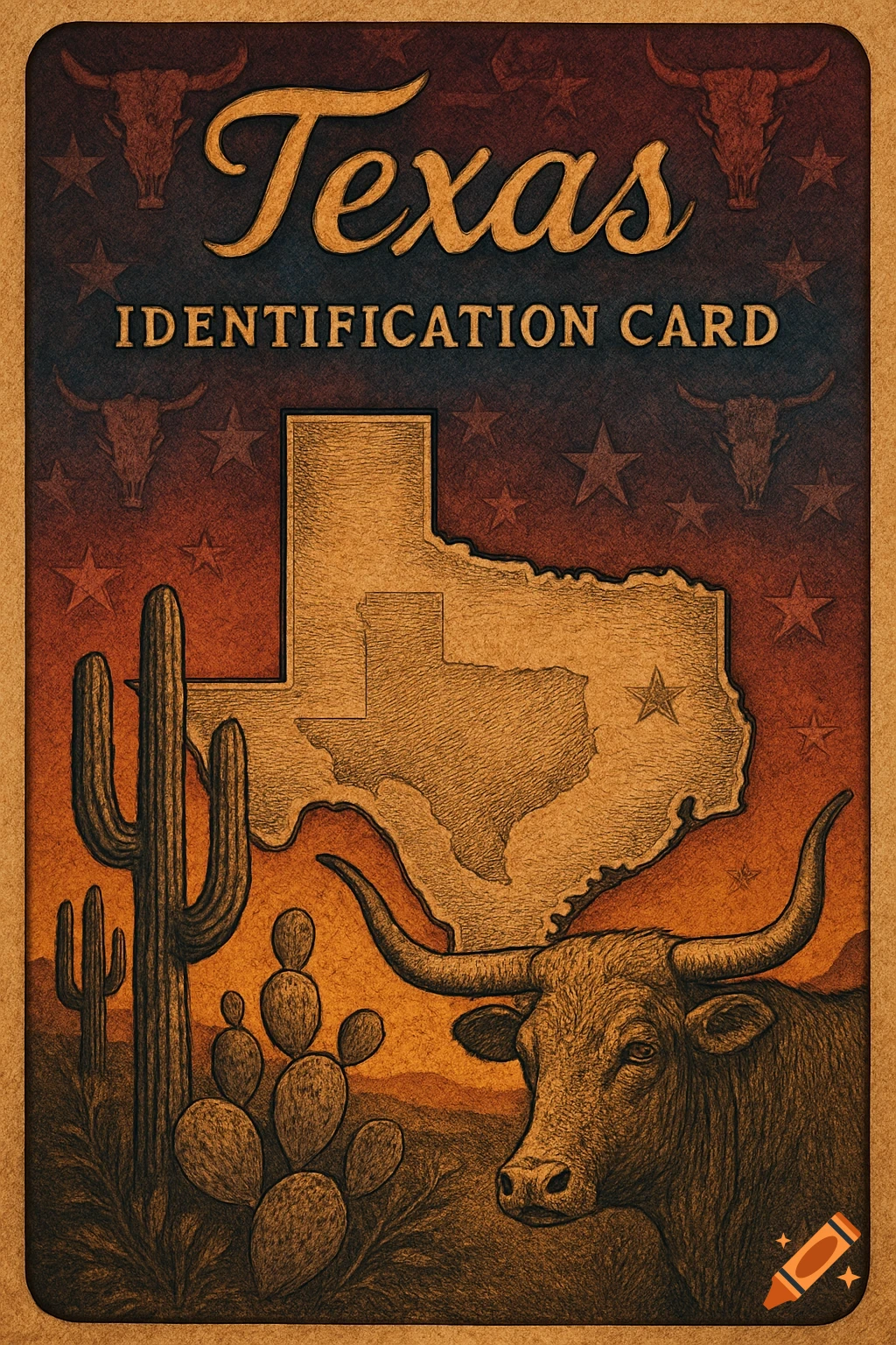 A stylized illustration of a 'Texas Identification Card' featuring a longhorn bull, cacti, and a map of Texas.
