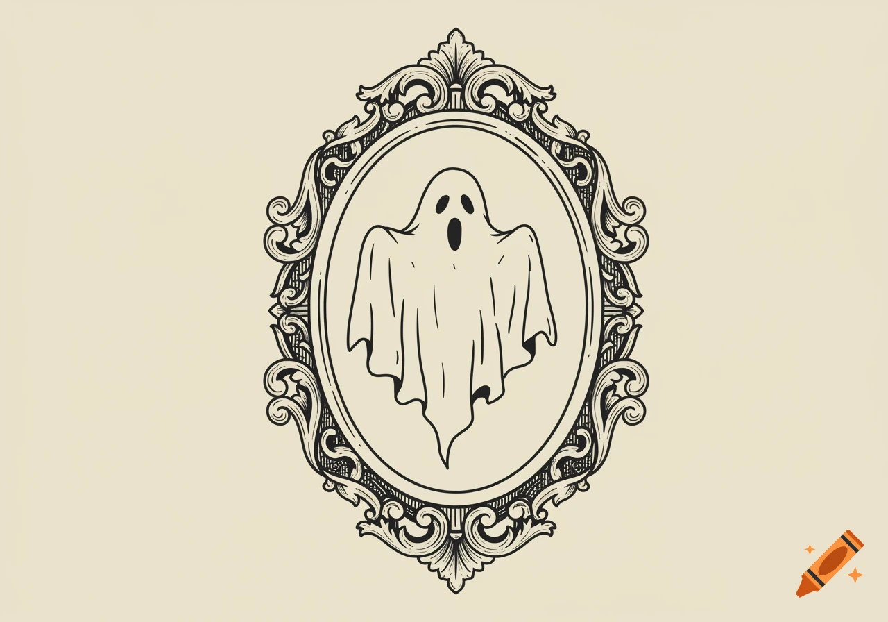 A line art illustration of a simple white sheet ghost with black eyes and a mouth, centered within an ornate oval frame.