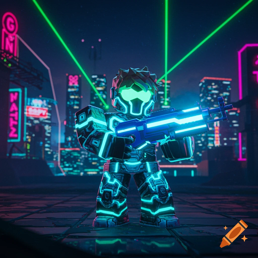 A Roblox-style character in glowing blue and green neon armor holds a matching laser gun in a futuristic, neon-lit city.