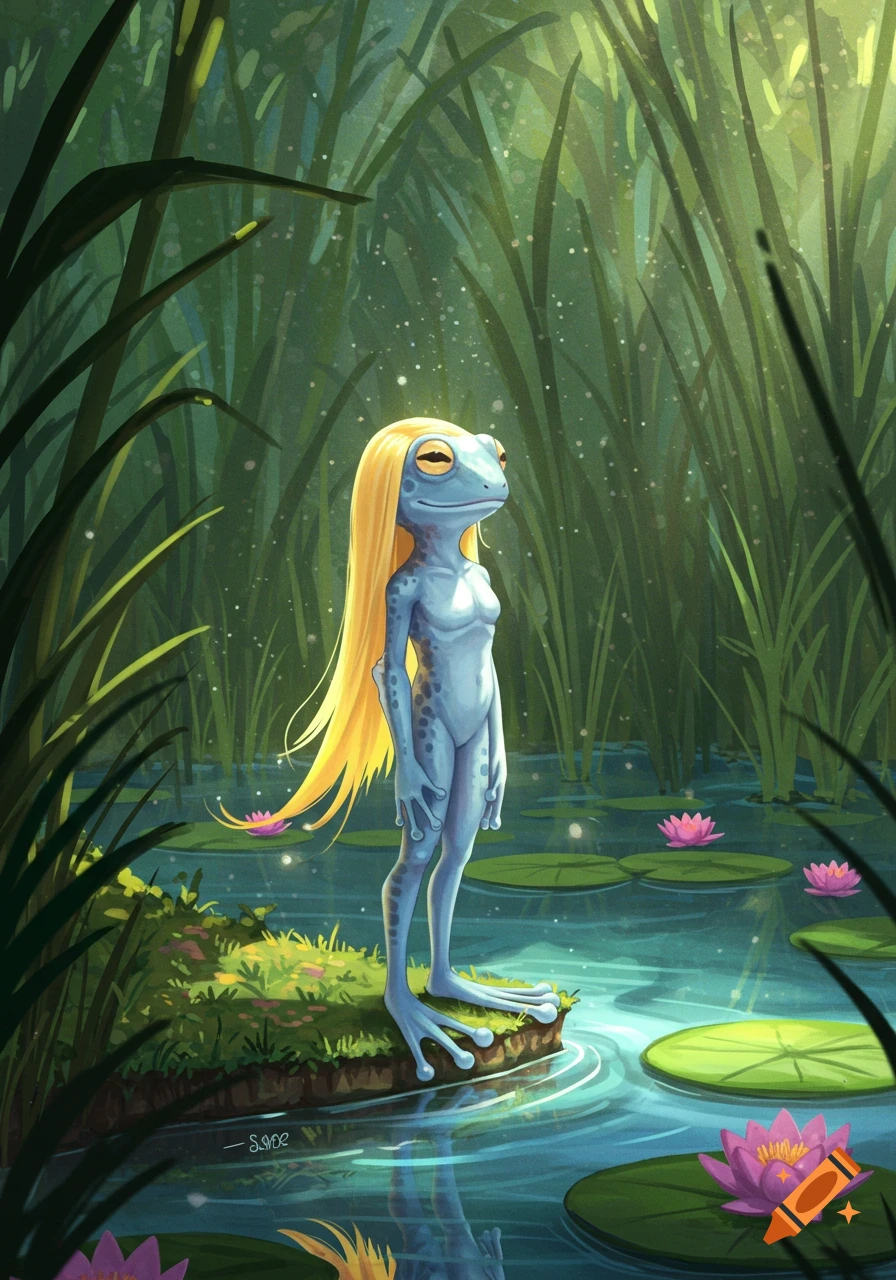 A stylized illustration of a blue humanoid frog with long blonde hair standing on a small island in a pond with lily pads.