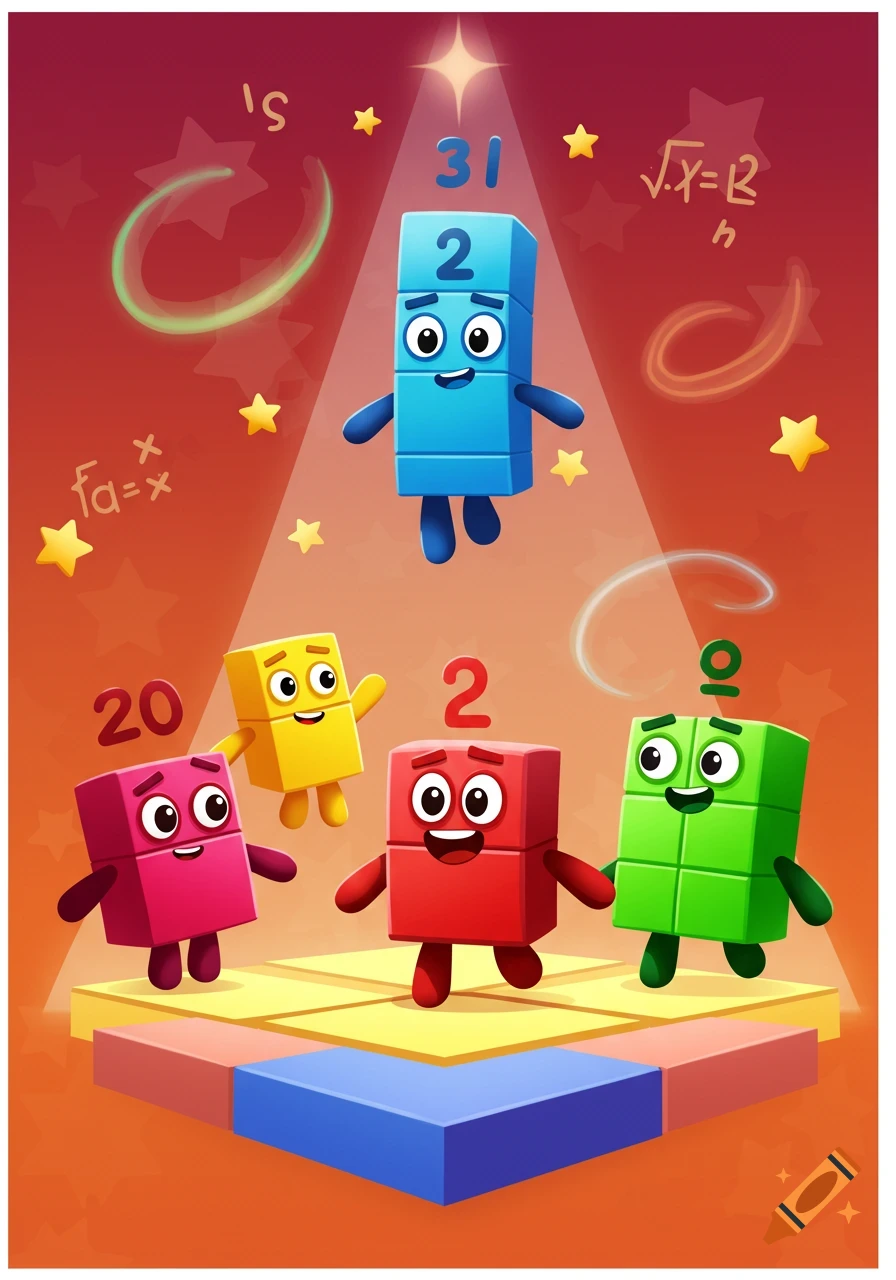 Colorful Numberblocks characters, a blue one floating above pink, yellow, red, and green ones on a stage, with numbers and math equations in the background.