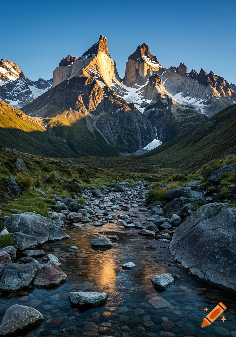 A photorealistic landscape of jagged, snow-capped mountains under a clear blue sky, with a rocky stream flowing through a grassy valley in the foreground.