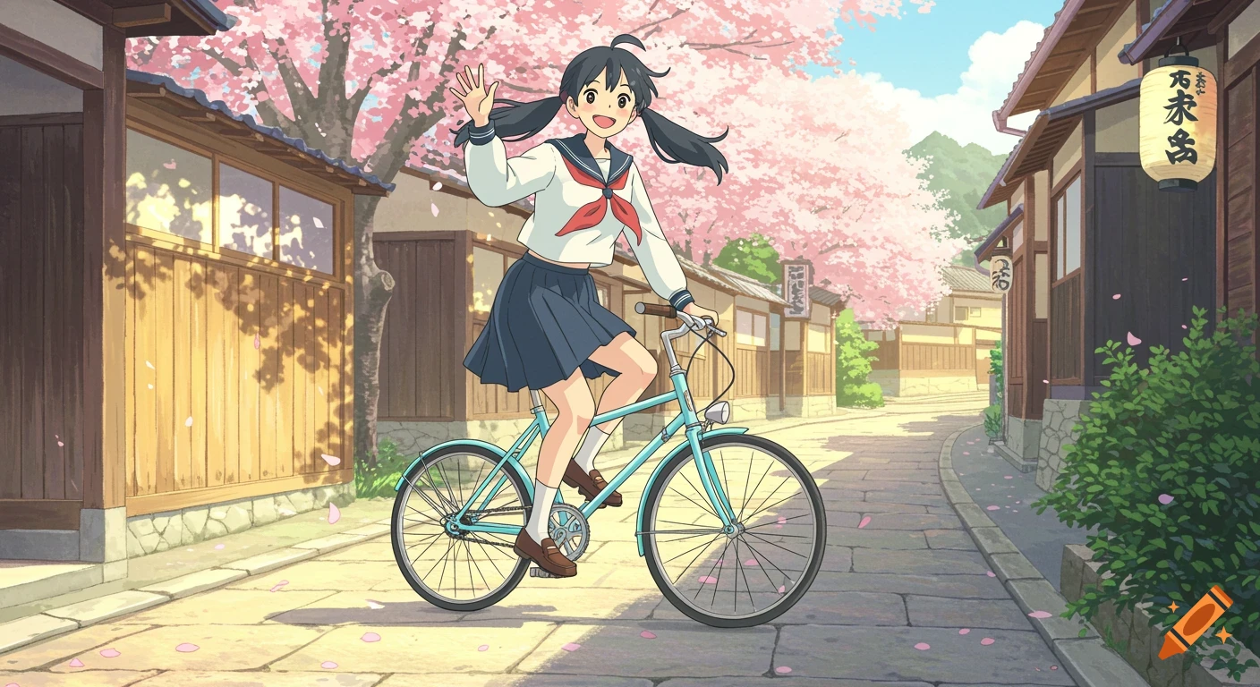 A joyful anime Japanese schoolgirl with pigtails waves while riding a light blue bicycle down a sunlit street lined with blooming cherry blossom trees and traditional wooden houses.