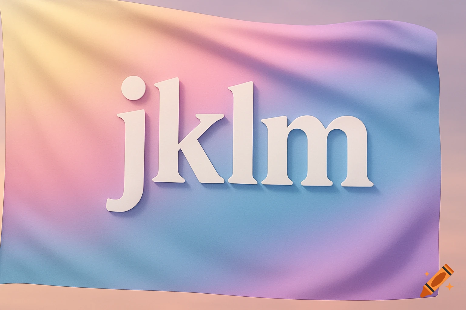 A pastel gradient flag with yellow, pink, blue, and purple hues, featuring the white 3D letters 'jklm' embossed on it.