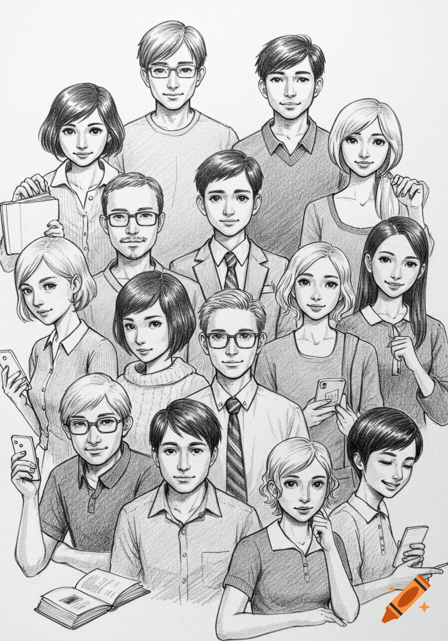 A black and white pencil sketch illustration of a diverse group of people, some holding phones and books, looking forward.