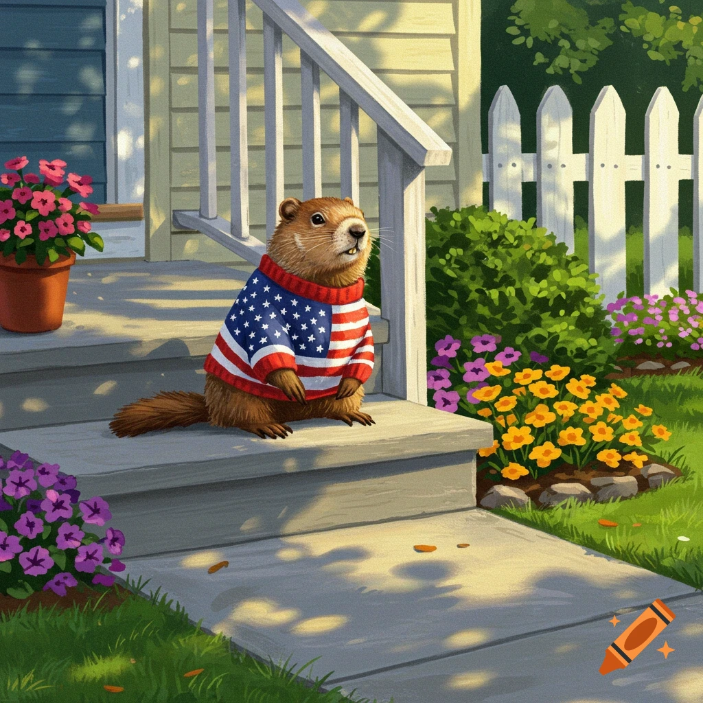 A groundhog wearing an American flag sweater sits on a sunlit front porch next to a potted plant and blooming flowers.