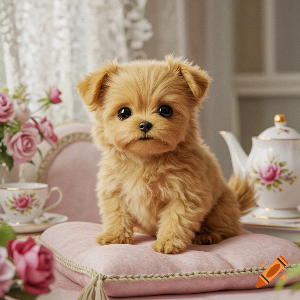 A fluffy light brown teacup puppy with big dark eyes sits on a pink pillow next to a tea set and pink roses.