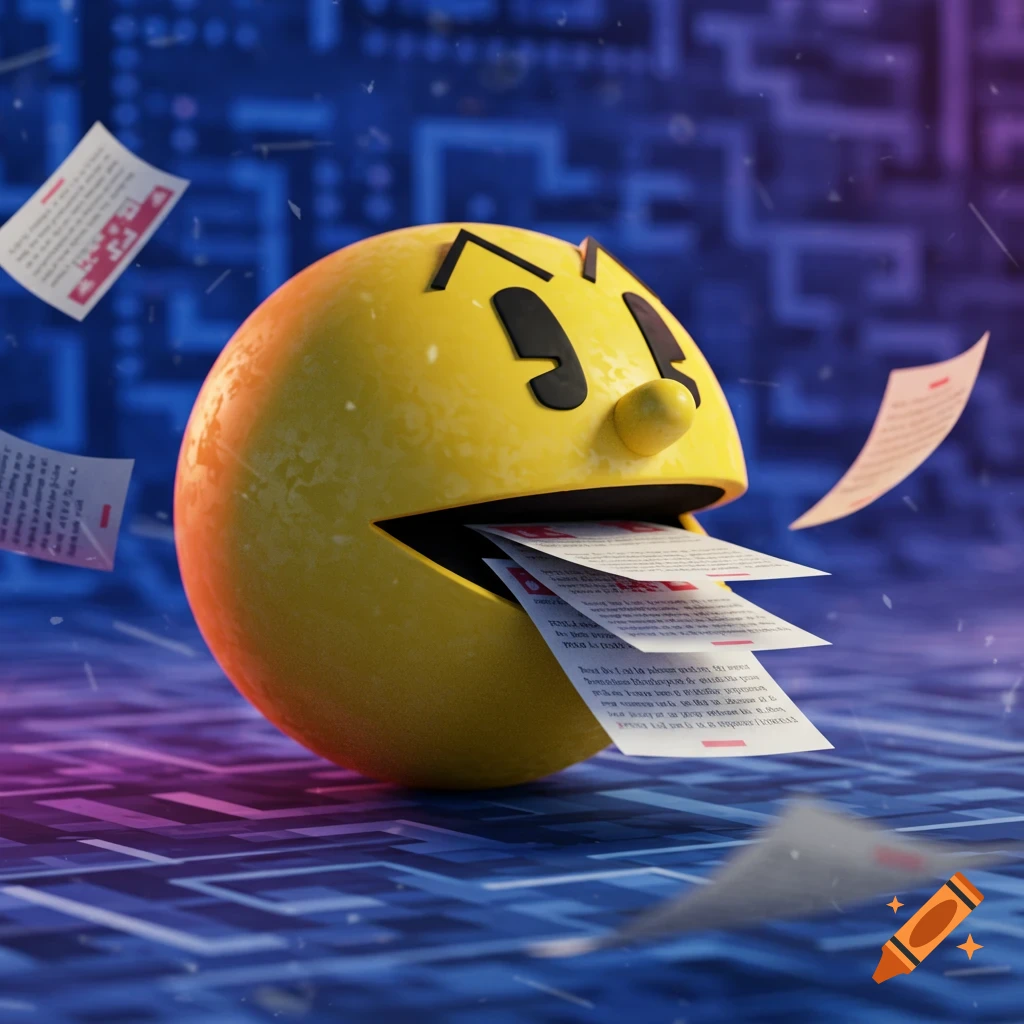 A 3D rendered Pac-Man eats document pages with unreadable text instead of dots, against a glowing blue circuit board background.