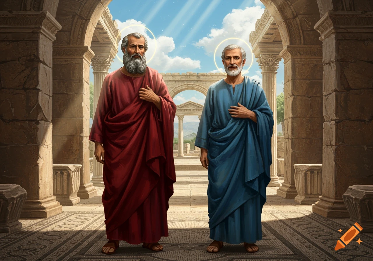 Two bearded men in ancient robes with halos stand in stone ruins under a bright sky, painted style.
