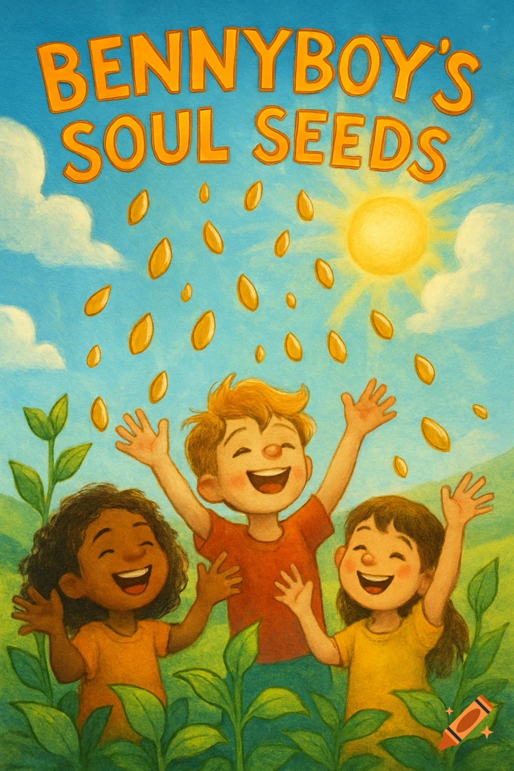 Illustrated book cover with three happy children reaching up as golden seeds rain from a sunny sky, surrounded by green plants. Text reads 'BENNYBOY'S SOUL SEEDS'.