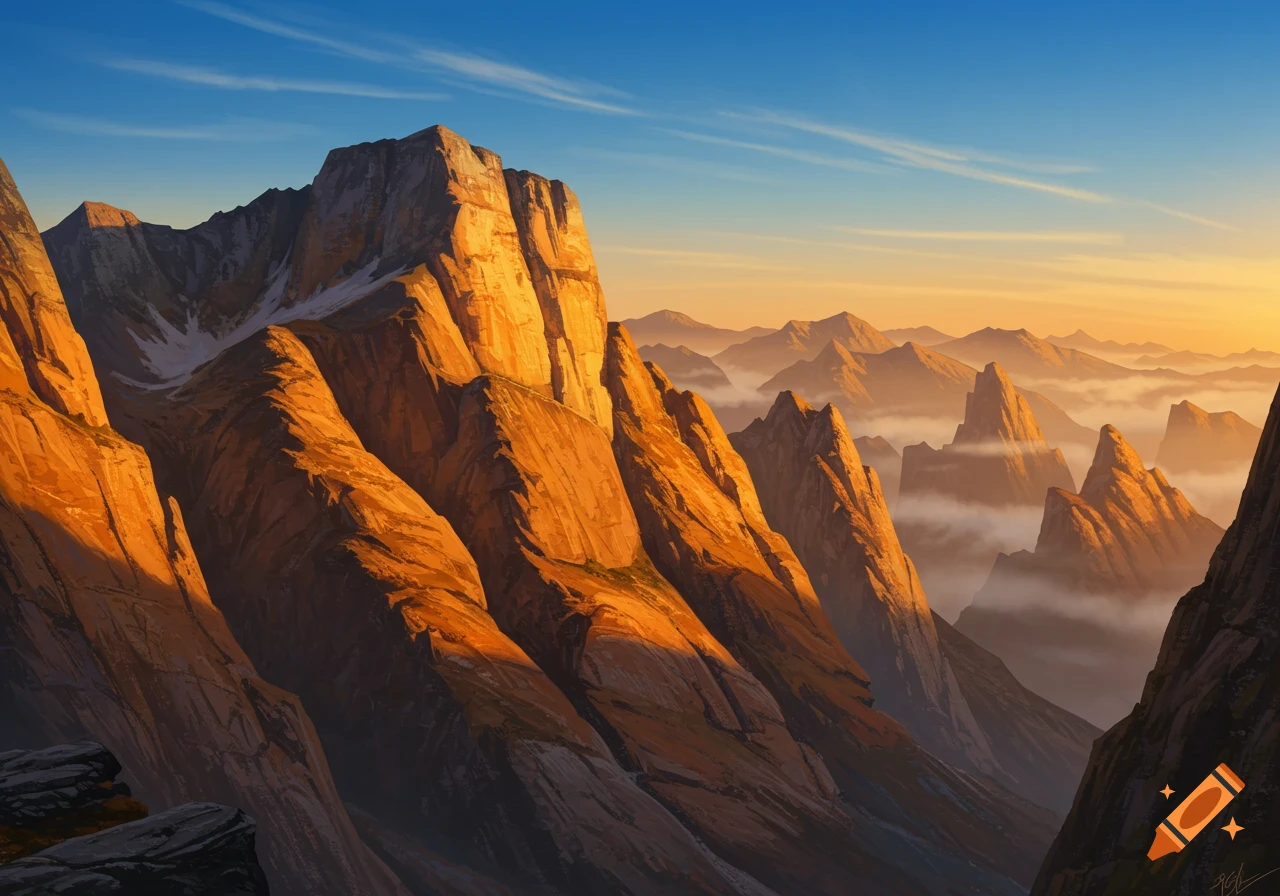 A dramatic digital painting of sunlit mountains rising above foggy valleys under a clear blue and golden sky.