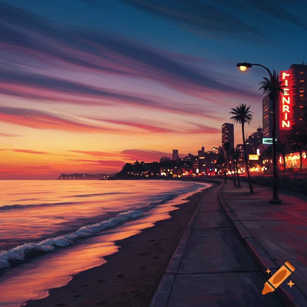 A vibrant painting of a city skyline along a beach at sunset, with a colorful sky reflected on the water and a boardwalk along the sand.