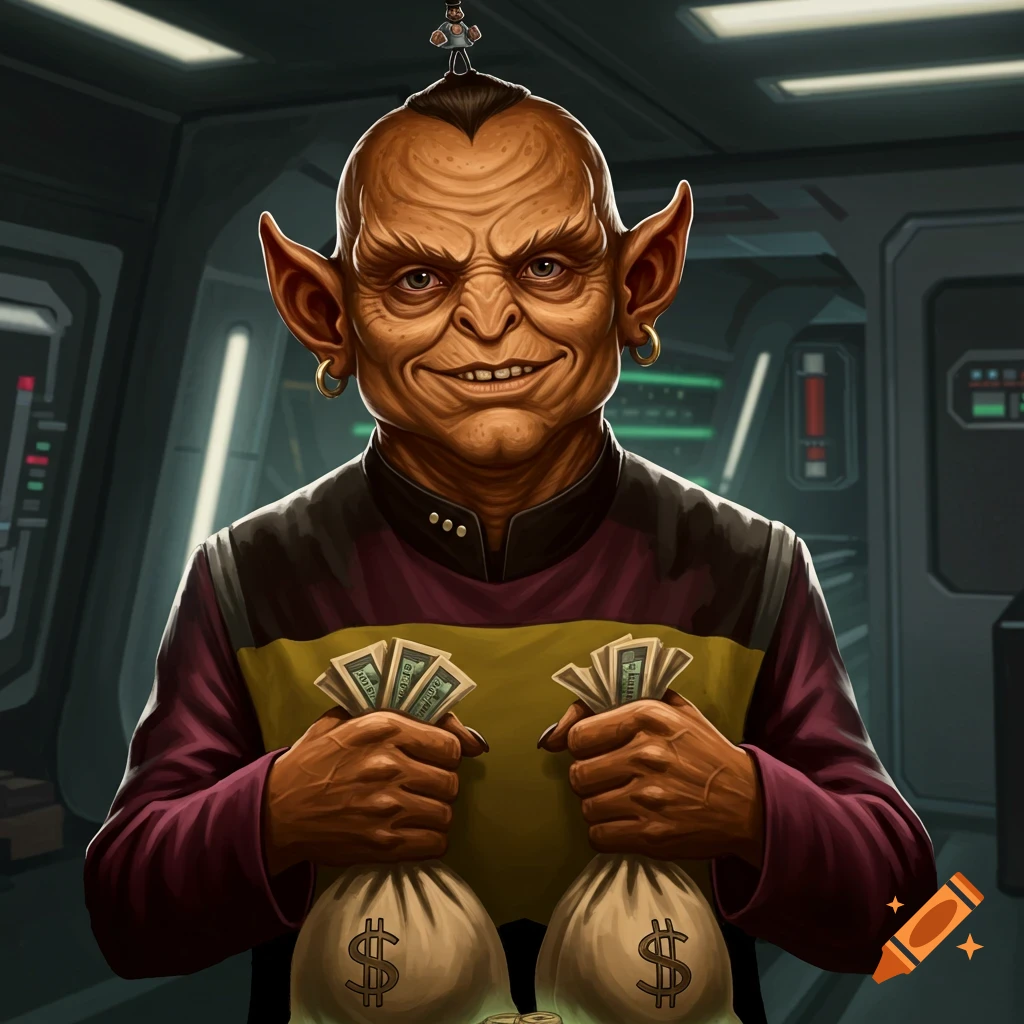 A Ferengi from Star Trek with large ears and a sinister grin, wearing a uniform. He holds two money bags with dollar signs and bundles of cash in his hands. A tiny character stands on his head.
