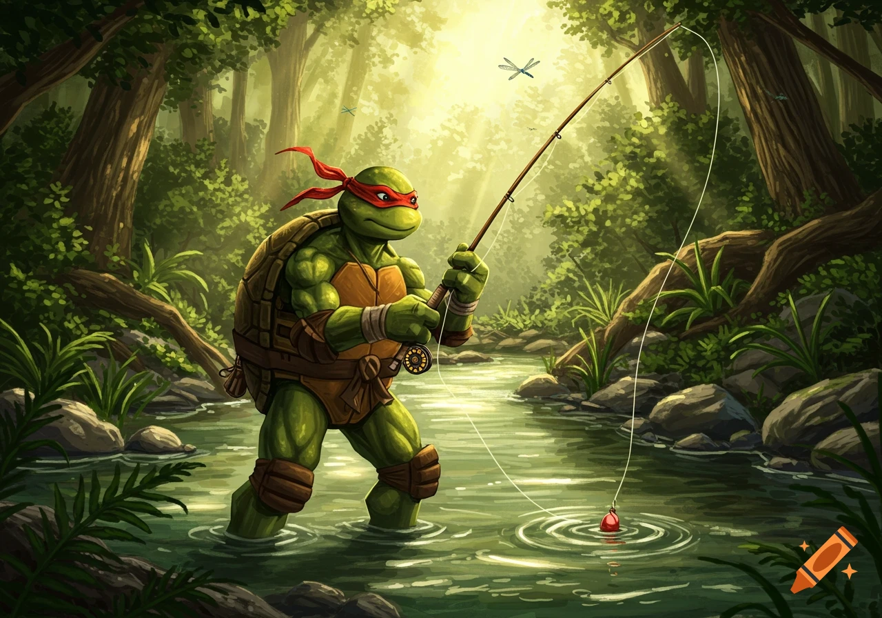 Raphael, a Teenage Mutant Ninja Turtle, stands in a sunlit forest stream, holding a fishing rod and fly fishing. Lush green trees surround him in this vibrant illustration.