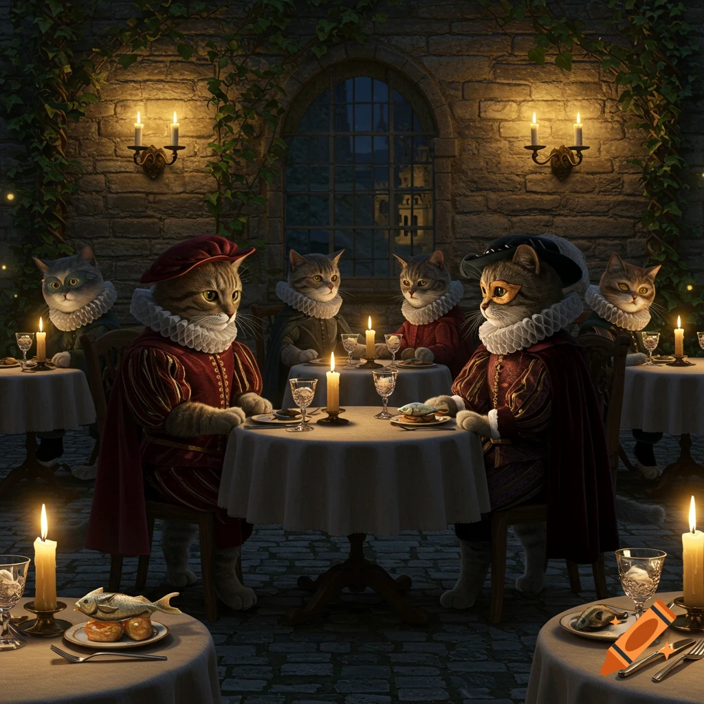 Anthropomorphic cats in elaborate historical costumes dine at candlelit tables in a stone room with a large window.