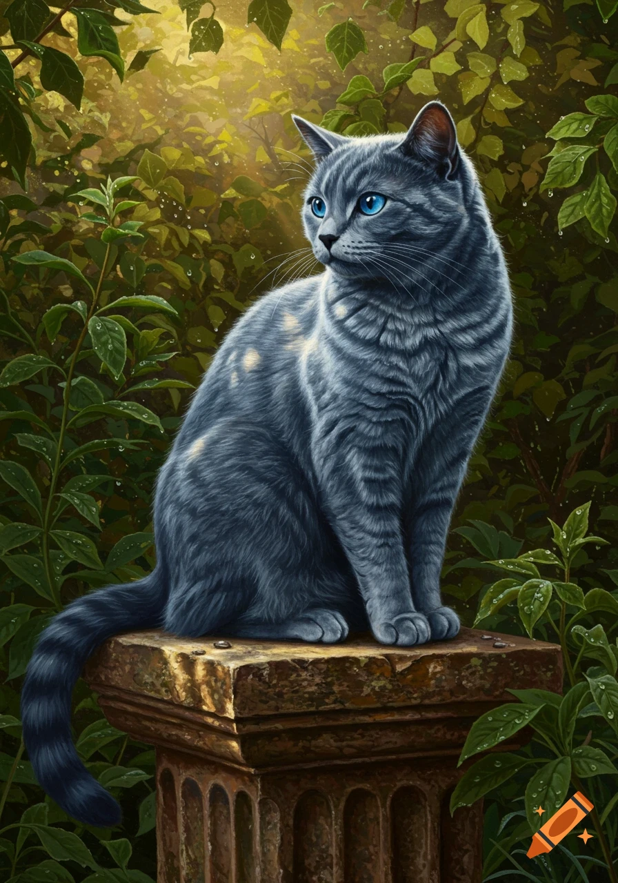 A realistic grey tabby cat with striking blue eyes sits on a mossy stone pedestal amidst lush green foliage with water droplets.