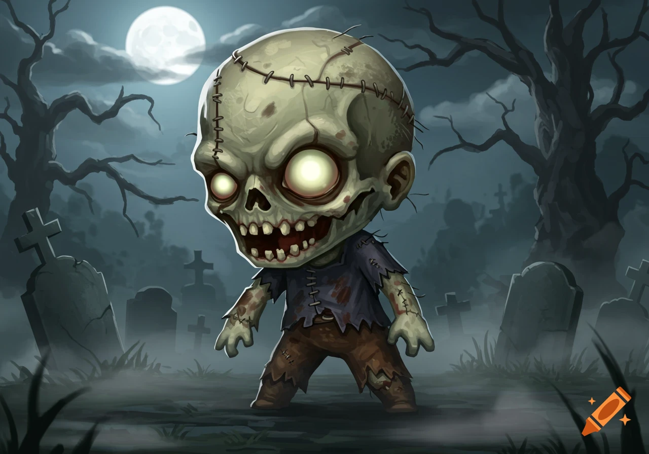 A cute, stylized chibi zombie with glowing eyes stands in a misty graveyard under a full moon.