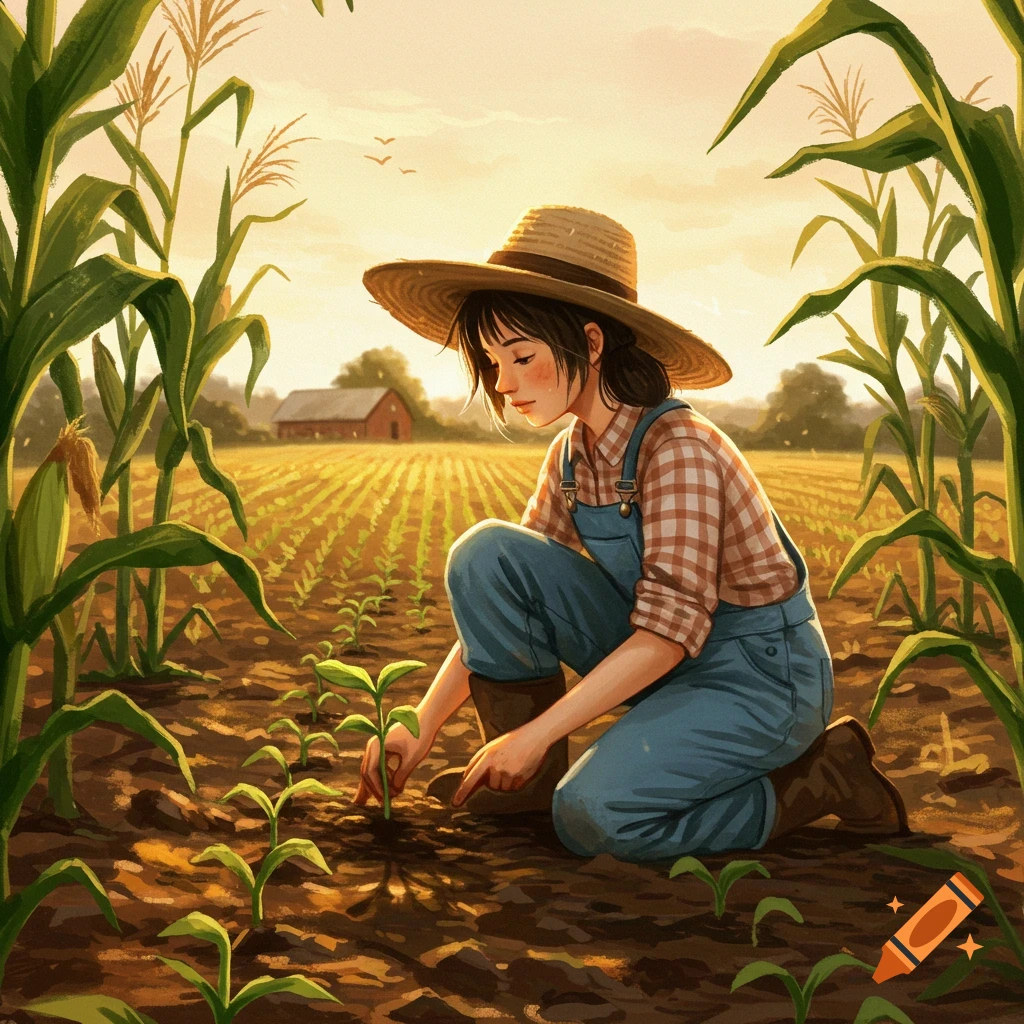A young girl in a straw hat and overalls kneels in a sunny cornfield, planting a small sprout. Illustrated style.