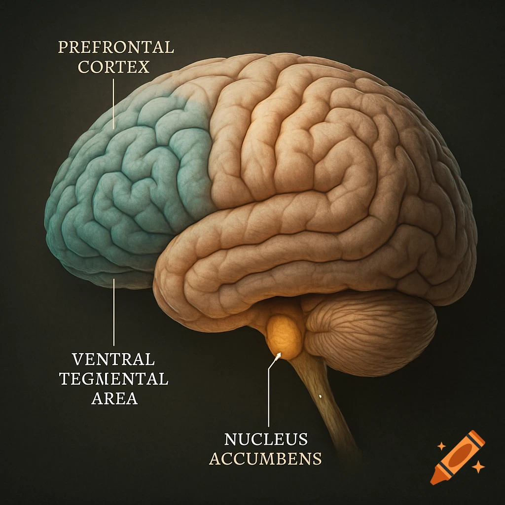 Detailed diagram of a human brain highlighting and labeling the prefrontal cortex, ventral tegmental area, and nucleus accumbens.