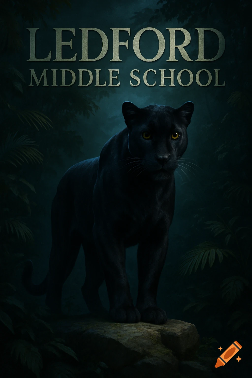 A photorealistic black panther stands on a mossy rock in a dark, atmospheric jungle setting. The words 'LEDFORD MIDDLE SCHOOL' are above it.
