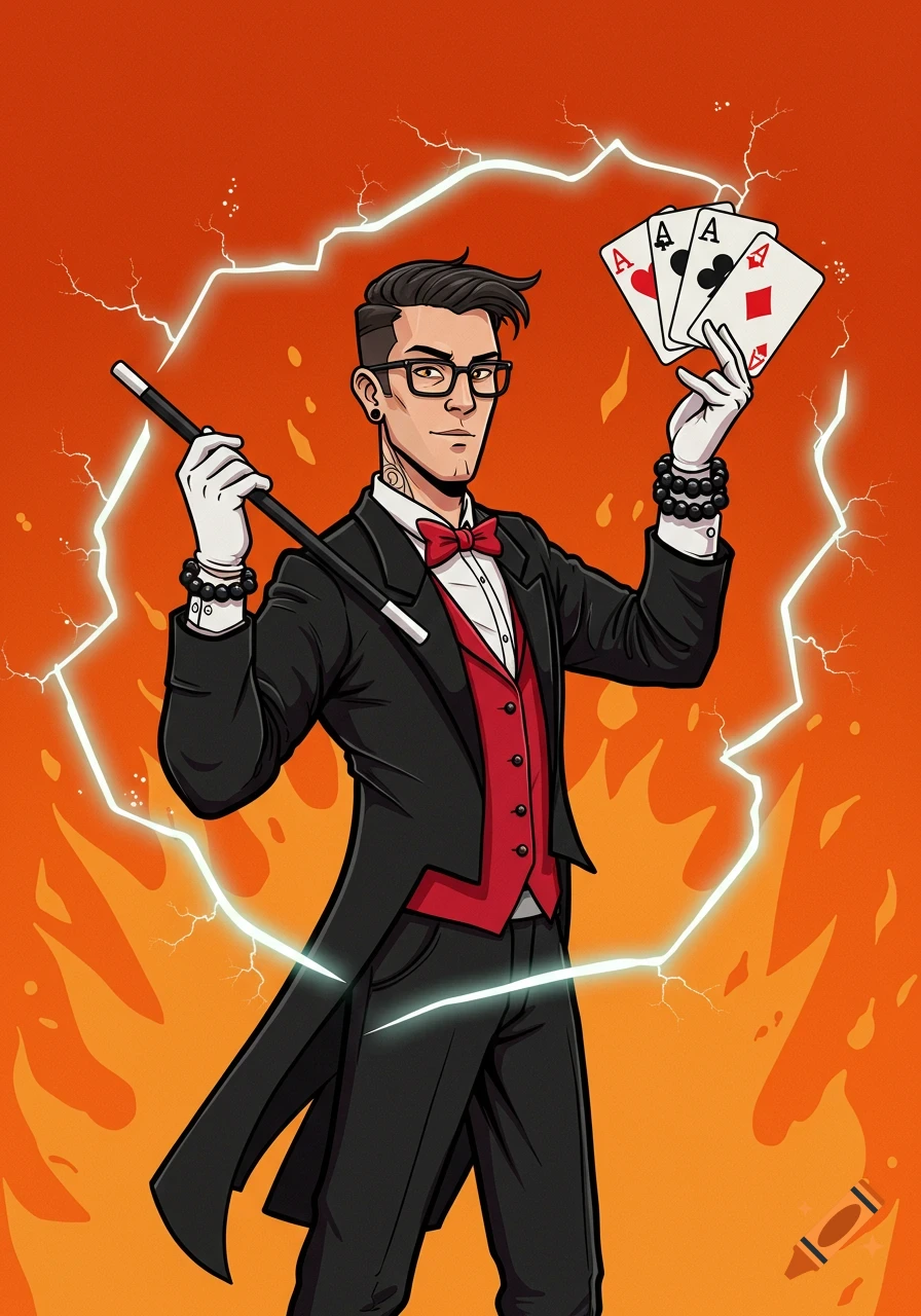 A cartoon magician in a tuxedo with glasses holds a magic wand and four aces against an orange background with lightning.
