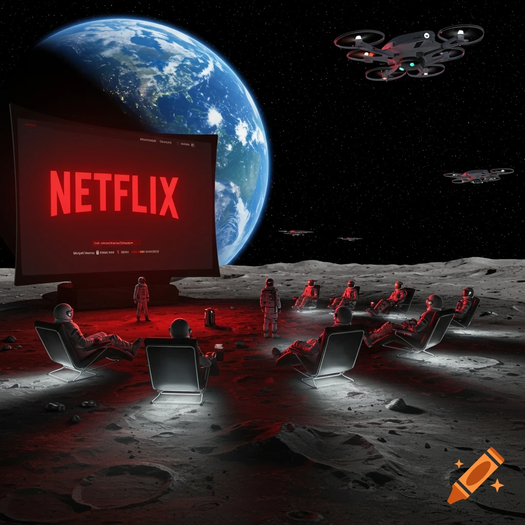 Astronauts on the moon watch Netflix on a giant screen with Earth visible in the background and drones flying above, in a photorealistic style.
