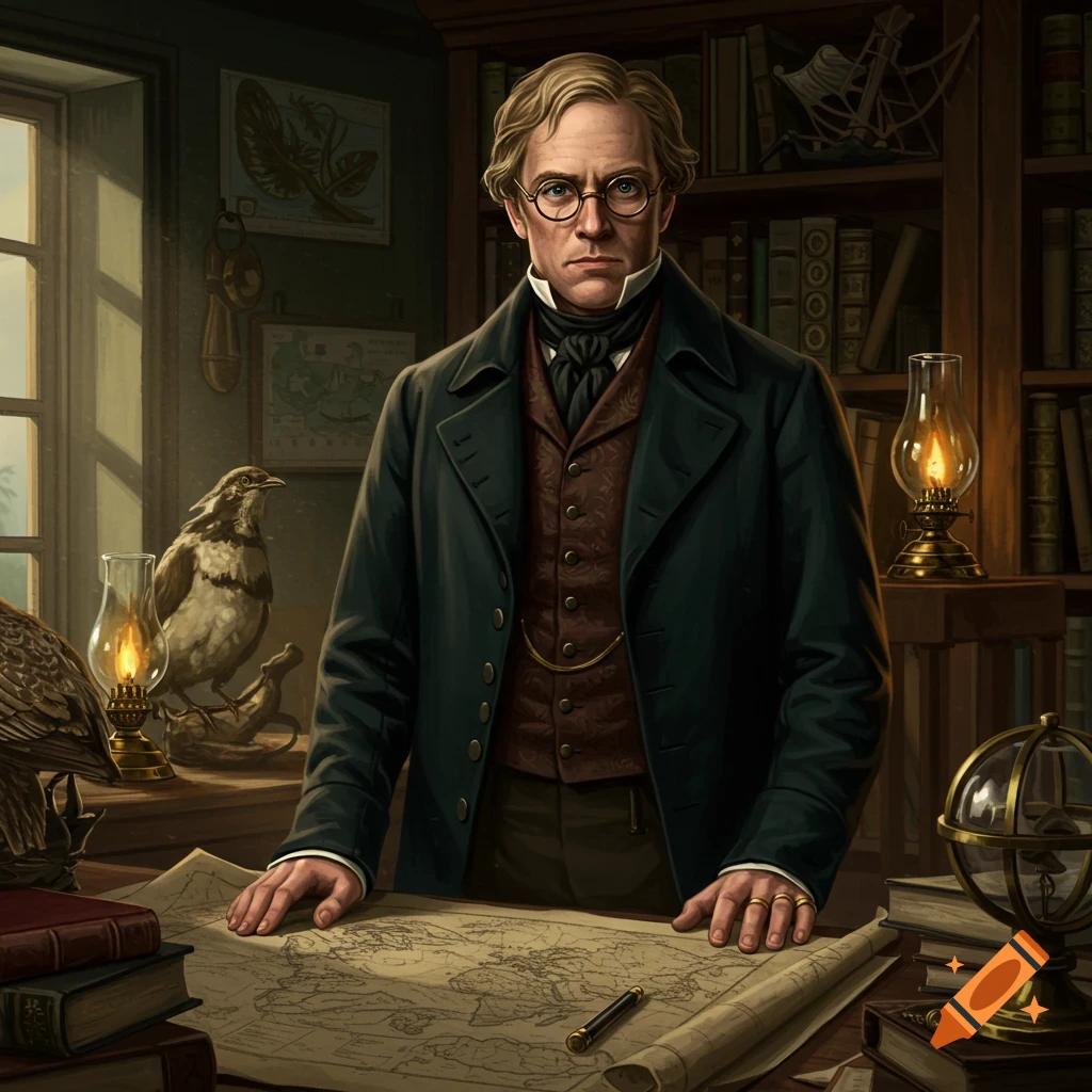 A man in 19th-century attire stands behind a desk with maps, books, lamps, and taxidermied birds in a study.