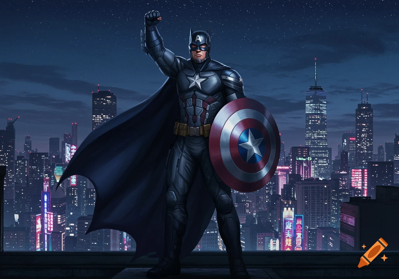 A superhero blending Batman and Captain America stands on a city rooftop at night, cape flowing and shield in hand.