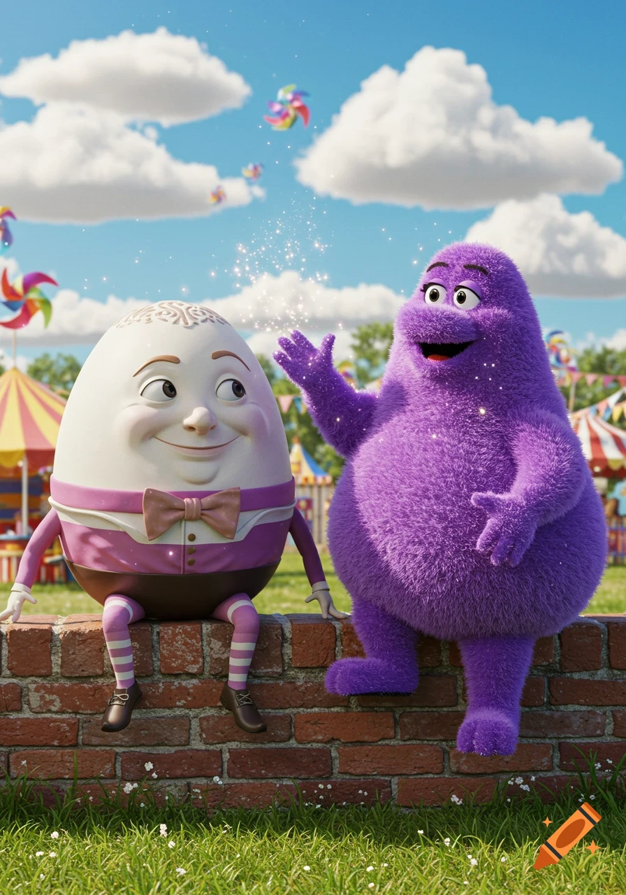 Humpty Dumpty and a purple Grimace-like creature sit on a brick wall, surrounded by flying pinwheels and a sunny, festive background.